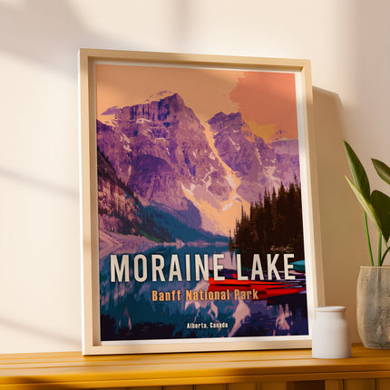 Moraine Lake Retro Travel Poster, Alberta Canada, Vintage Canadian Rockies Poster, Hiking Canada Print, Banff National Park Travel Poster