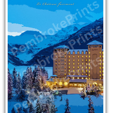 Lake Louise Chateau Fairmont Retro Travel Poster, Alberta Canada, Vintage Canadian Rockies Poster, Canada Print, Banff National Park Poster