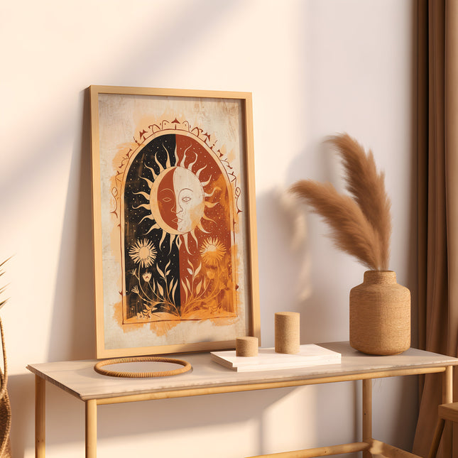 Sun Art Poster Mystical Folk Art Illustration Flowery Spiritual Print Botanical Rose Boho Wall Art Earth Tones Flowery Calm Bedroom Decor
