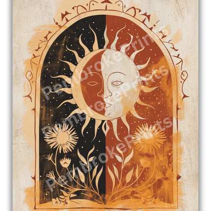 Sun Art Poster Mystical Folk Art Illustration Flowery Spiritual Print Botanical Rose Boho Wall Art Earth Tones Flowery Calm Bedroom Decor