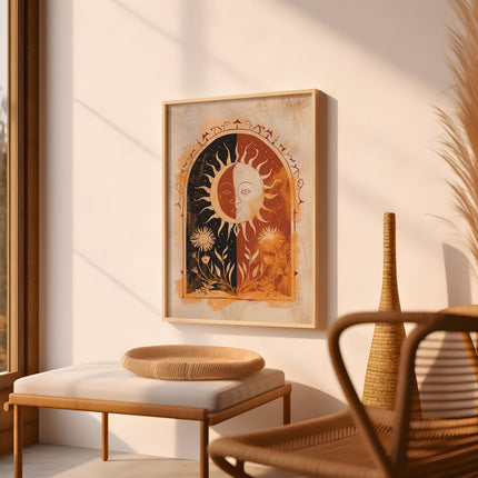 Sun Art Poster Mystical Folk Art Illustration Flowery Spiritual Print Botanical Rose Boho Wall Art Earth Tones Flowery Calm Bedroom Decor