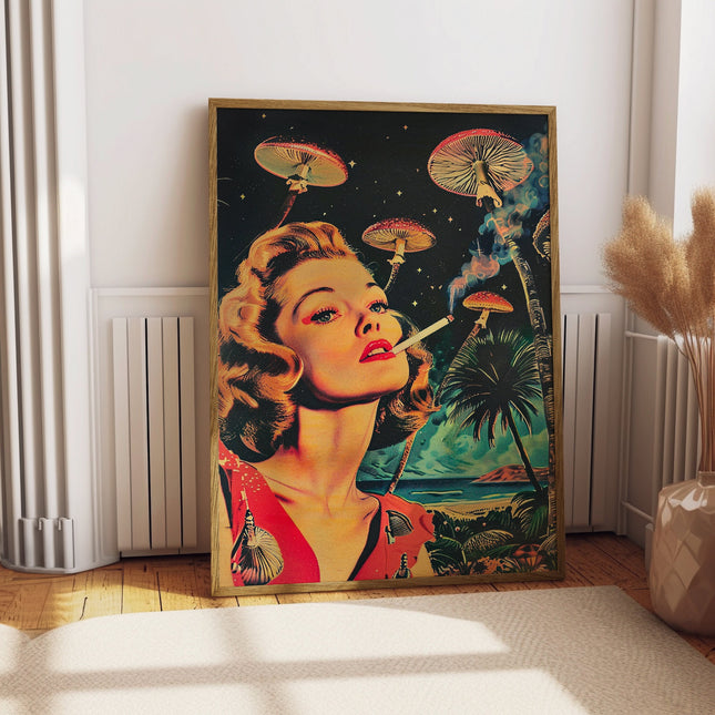 Vintage Surreal Poster, Psychedelic Wall Print, Space Wall Art, Trippy Wall Art, Retro Hippie Wall Decor, Sci-Fi Print, Woman Smoking Print