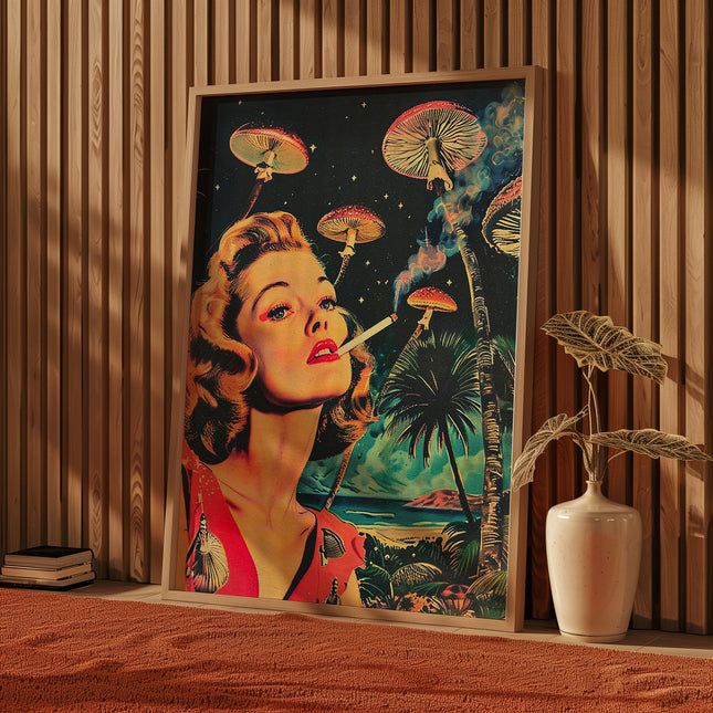 Vintage Surreal Poster, Psychedelic Wall Print, Space Wall Art, Trippy Wall Art, Retro Hippie Wall Decor, Sci-Fi Print, Woman Smoking Print