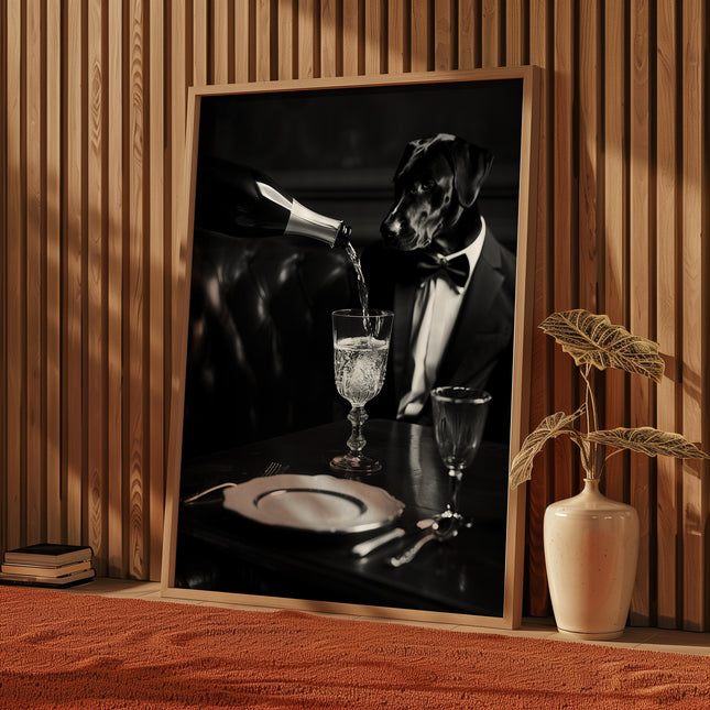 Black Lab Dog Being Served Champagne Funny Black and White Dog Print of Vintage Styled Beverage Poster Bar Wall Decor