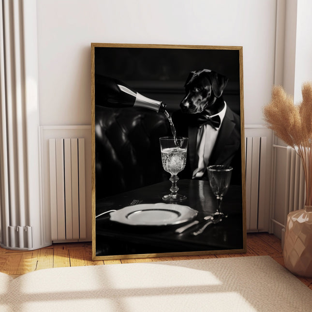 Black Lab Dog Being Served Champagne Funny Black and White Dog Print of Vintage Styled Beverage Poster Bar Wall Decor