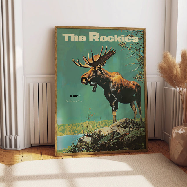 Vintage Moose Print Retro Hunting Poster Outdoors Poster Travel Poster Cabin Cottage Wall Art Rocky Mountains Sports Dad For him Gift