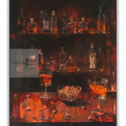 Gloomy Bar Print for Bar Abstract Painting Dark Color Alcohol and Bar Peanut Scene Poster Matisse Styled Artwork