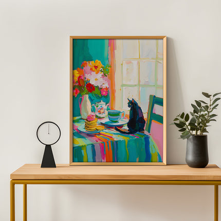 Black Cat at Breakfast Table Print Kitchen Abstract Painting Vibrant Coffee Color Kitchen Poster Matisse Styled Artwork