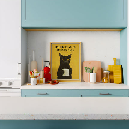 Funny Black Cat Bathroom Wall Art Poster Stinky Pooping Cat Holding Toilet Paper Yellow Vintage Humor Art Illustration