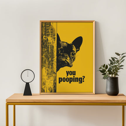Funny Bulldog You Pooping Bathroom Print Dog Wall Art Vintage Poster for Washroom Yellow Background Humor Illustration