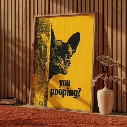 Funny Bulldog You Pooping Bathroom Print Dog Wall Art Vintage Poster for Washroom Yellow Background Humor Illustration