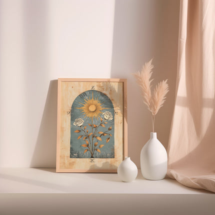 Blue Sun Art Poster Mystical Norse Folk Art Illustration Flowery Spiritual Print Botanical Rose Boho Wall Art Flowery Bedroom Decor