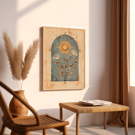 Blue Sun Art Poster Mystical Norse Folk Art Illustration Flowery Spiritual Print Botanical Rose Boho Wall Art Flowery Bedroom Decor