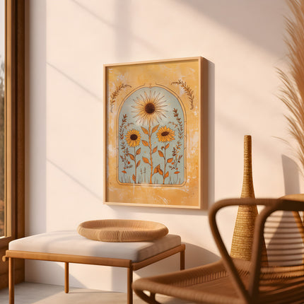 Sunflower Sun Art Poster Mystical Folk Art Illustration Flowery Spiritual Print Botanical Boho Wall Art Earth Tones Flowery Bedroom Decor