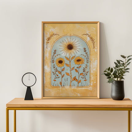 Sunflower Sun Art Poster Mystical Folk Art Illustration Flowery Spiritual Print Botanical Boho Wall Art Earth Tones Flowery Bedroom Decor