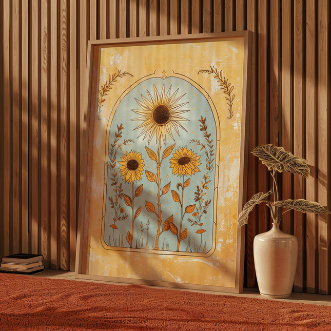 Sunflower Sun Art Poster Mystical Folk Art Illustration Flowery Spiritual Print Botanical Boho Wall Art Earth Tones Flowery Bedroom Decor