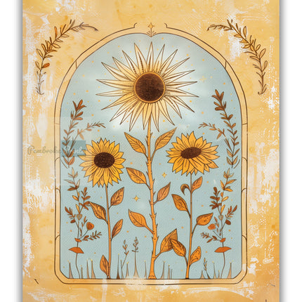 Sunflower Sun Art Poster Mystical Folk Art Illustration Flowery Spiritual Print Botanical Boho Wall Art Earth Tones Flowery Bedroom Decor