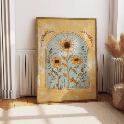 Sunflower Sun Art Poster Mystical Folk Art Illustration Flowery Spiritual Print Botanical Boho Wall Art Earth Tones Flowery Bedroom Decor