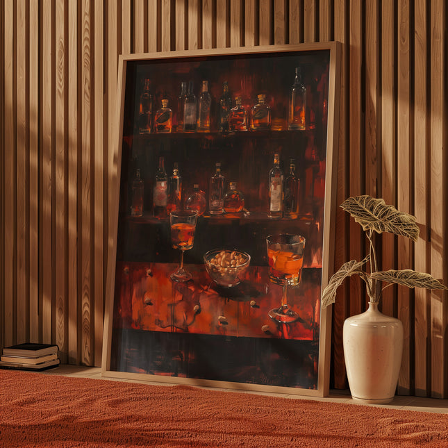 Gloomy Bar Print for Bar Abstract Painting Dark Color Alcohol and Bar Peanut Scene Poster Matisse Styled Artwork