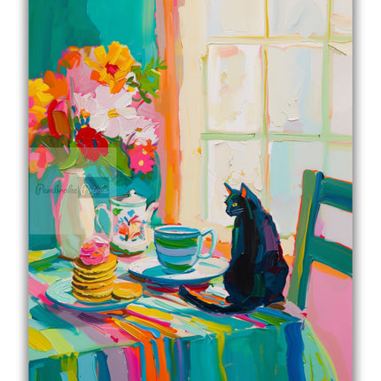 Black Cat at Breakfast Table Print Kitchen Abstract Painting Vibrant Coffee Color Kitchen Poster Matisse Styled Artwork