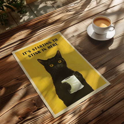 Funny Black Cat Bathroom Wall Art Poster Stinky Pooping Cat Holding Toilet Paper Yellow Vintage Humor Art Illustration