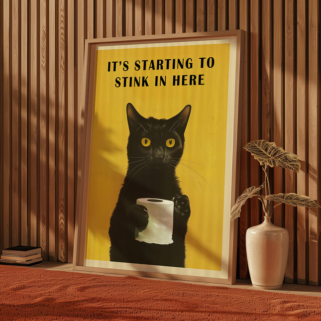 Funny Black Cat Bathroom Wall Art Poster Stinky Pooping Cat Holding Toilet Paper Yellow Vintage Humor Art Illustration