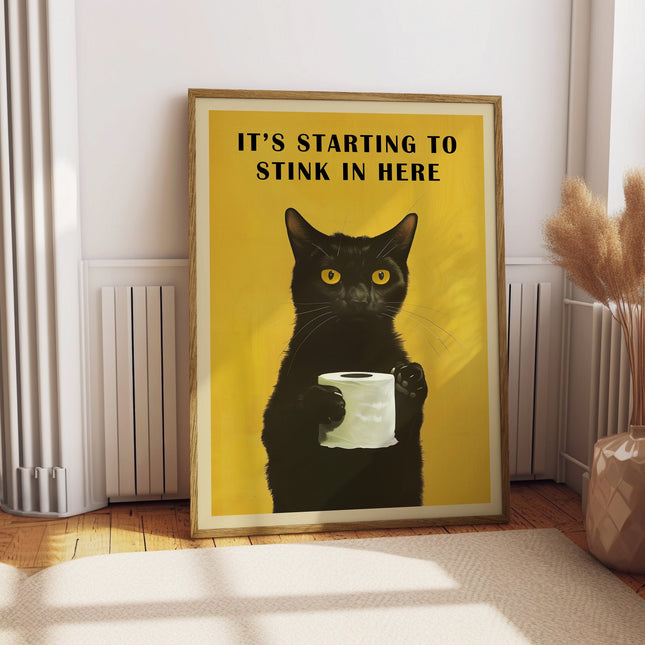 Funny Black Cat Bathroom Wall Art Poster Stinky Pooping Cat Holding Toilet Paper Yellow Vintage Humor Art Illustration