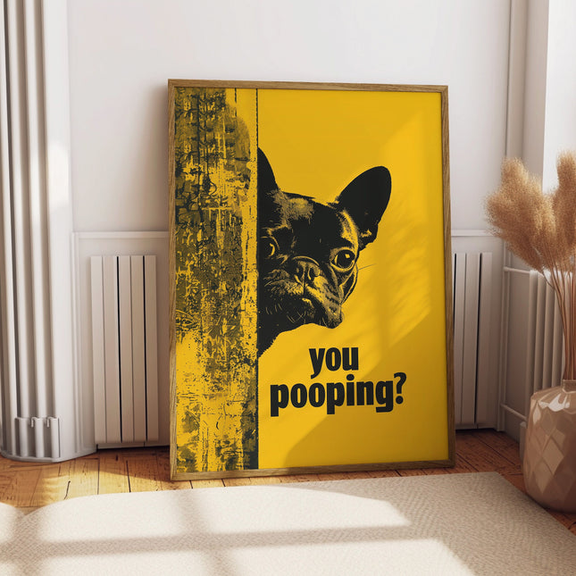 Funny Bulldog You Pooping Bathroom Print Dog Wall Art Vintage Poster for Washroom Yellow Background Humor Illustration