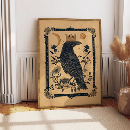 King Raven Norse Folk Art Poster Mystical Moon Illustration Flowery Crown Spiritual Print Botanical Rose Boho Wall Art Earth Tones Flowery