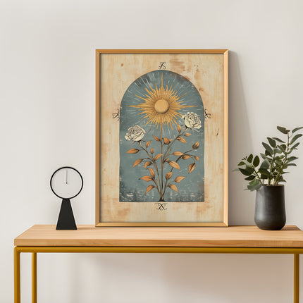 Blue Sun Art Poster Mystical Norse Folk Art Illustration Flowery Spiritual Print Botanical Rose Boho Wall Art Flowery Bedroom Decor