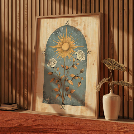Blue Sun Art Poster Mystical Norse Folk Art Illustration Flowery Spiritual Print Botanical Rose Boho Wall Art Flowery Bedroom Decor