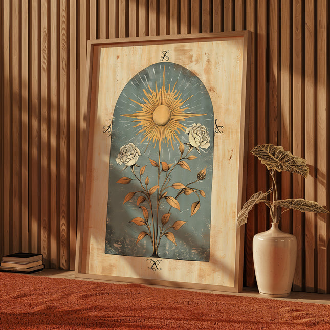 Blue Sun Art Poster Mystical Norse Folk Art Illustration Flowery Spiritual Print Botanical Rose Boho Wall Art Flowery Bedroom Decor
