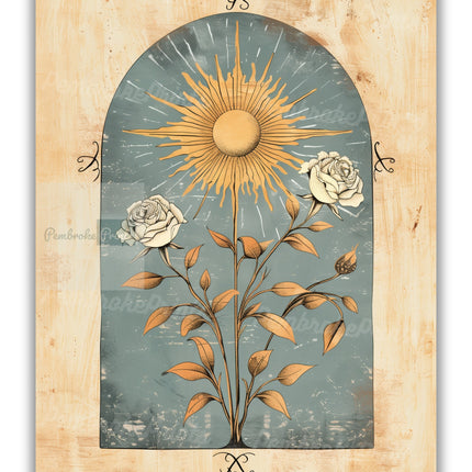 Blue Sun Art Poster Mystical Norse Folk Art Illustration Flowery Spiritual Print Botanical Rose Boho Wall Art Flowery Bedroom Decor