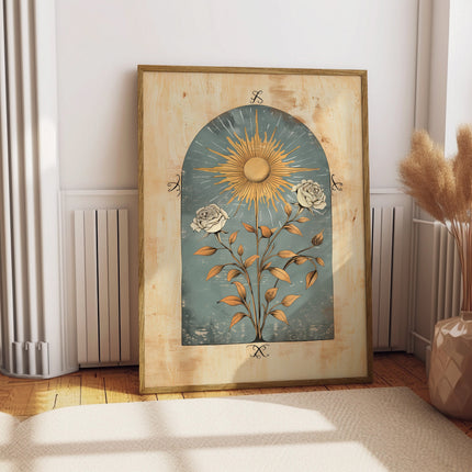 Blue Sun Art Poster Mystical Norse Folk Art Illustration Flowery Spiritual Print Botanical Rose Boho Wall Art Flowery Bedroom Decor