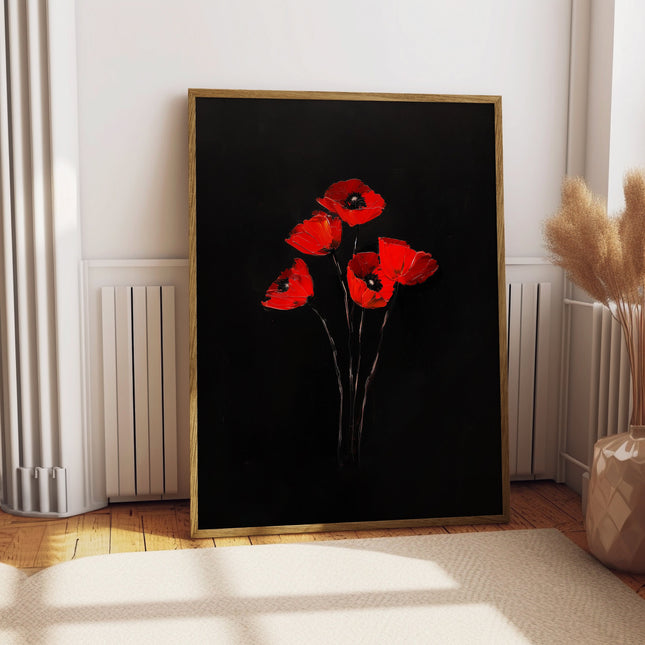 Vintage Red Poppy  Oil Painting Antique Black Gothic Flower Print Illustration Botanical Farmhouse August Birth Flower Birthday Gift