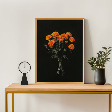 Vintage Orange Marigolds Oil Painting Black Gothic Antique Flower Print Illustration Botanical Farmhouse October Birth Flower Birthday Gift