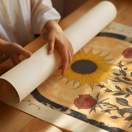 Sunflower and Roses Sun Art Poster Mystical Folk Art Illustration Flowery Spiritual Print Botanical Boho Wall Art Earth Tones Bedroom Decor