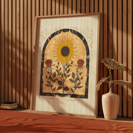 Sunflower and Roses Sun Art Poster Mystical Folk Art Illustration Flowery Spiritual Print Botanical Boho Wall Art Earth Tones Bedroom Decor
