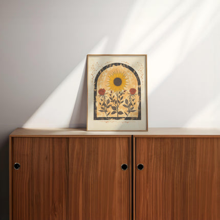Sunflower and Roses Sun Art Poster Mystical Folk Art Illustration Flowery Spiritual Print Botanical Boho Wall Art Earth Tones Bedroom Decor