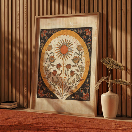 Orange Sun and Roses Sun Art Poster Mystical Folk Art Illustration Flowery Spiritual Print Botanical Boho Wall Art Earth Tones Bedroom Decor