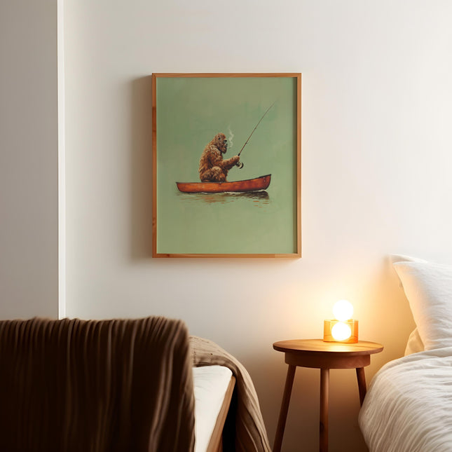 Bigfoot Fishing in Canoe Vintage Poster Art Funny Retro Sasquatch Print Cabin Wall Decor Outdoor Sports Fisherman Illustration Gift for Dad