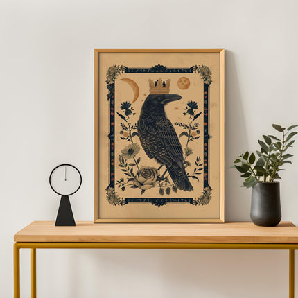 King Raven Norse Folk Art Poster Mystical Moon Illustration Flowery Crown Spiritual Print Botanical Rose Boho Wall Art Earth Tones Flowery