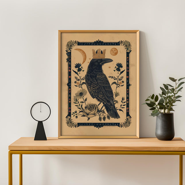 King Raven Norse Folk Art Poster Mystical Moon Illustration Flowery Crown Spiritual Print Botanical Rose Boho Wall Art Earth Tones Flowery