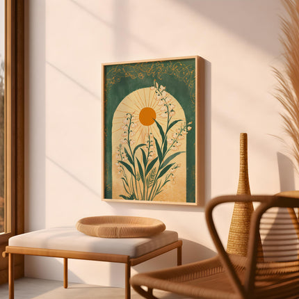 Lily of the Valley Emerald Green Sun Art Poster Mystical Folk Art Illustration Taurus Sign Flowery Spiritual Print Botanical Boho Wall Art