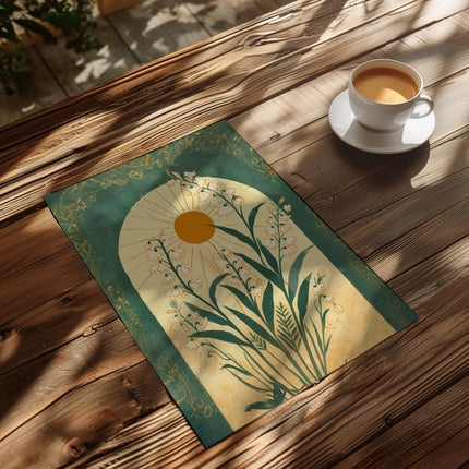 Lily of the Valley Emerald Green Sun Art Poster Mystical Folk Art Illustration Taurus Sign Flowery Spiritual Print Botanical Boho Wall Art