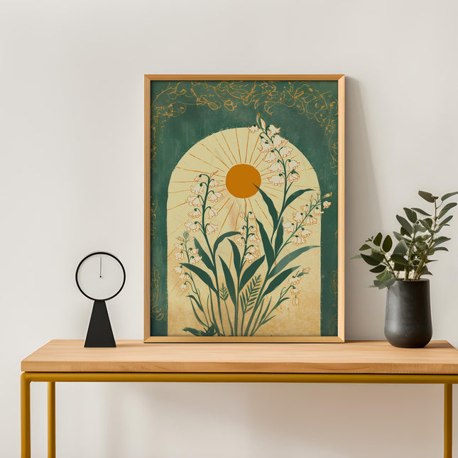 Lily of the Valley Emerald Green Sun Art Poster Mystical Folk Art Illustration Taurus Sign Flowery Spiritual Print Botanical Boho Wall Art