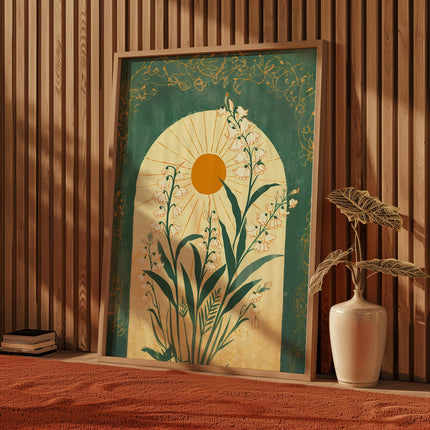 Lily of the Valley Emerald Green Sun Art Poster Mystical Folk Art Illustration Taurus Sign Flowery Spiritual Print Botanical Boho Wall Art