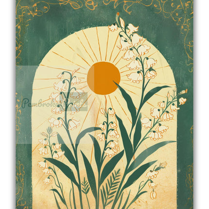 Lily of the Valley Emerald Green Sun Art Poster Mystical Folk Art Illustration Taurus Sign Flowery Spiritual Print Botanical Boho Wall Art