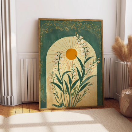 Lily of the Valley Emerald Green Sun Art Poster Mystical Folk Art Illustration Taurus Sign Flowery Spiritual Print Botanical Boho Wall Art