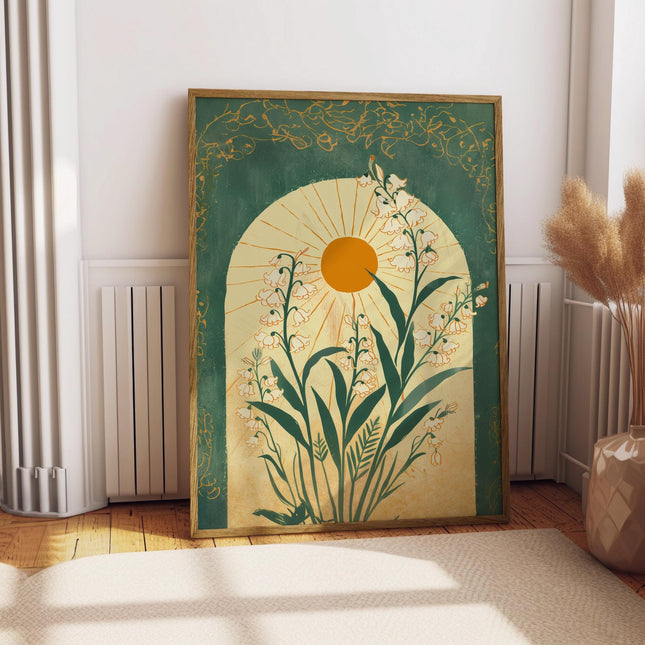 Lily of the Valley Emerald Green Sun Art Poster Mystical Folk Art Illustration Taurus Sign Flowery Spiritual Print Botanical Boho Wall Art